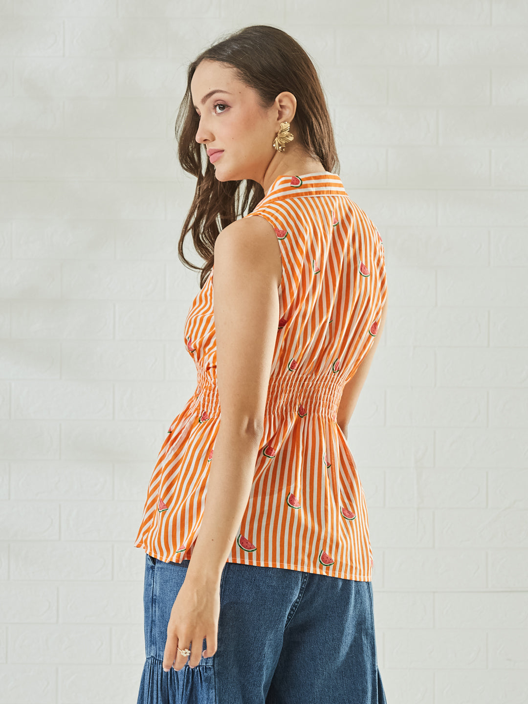 Women’s Orange Cotton Striped Watermelon Print Sleeveless Shirt