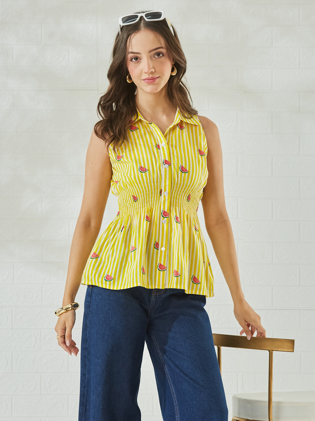 Women’s Cotton Orange & White Striped Watermelon Print Shirt