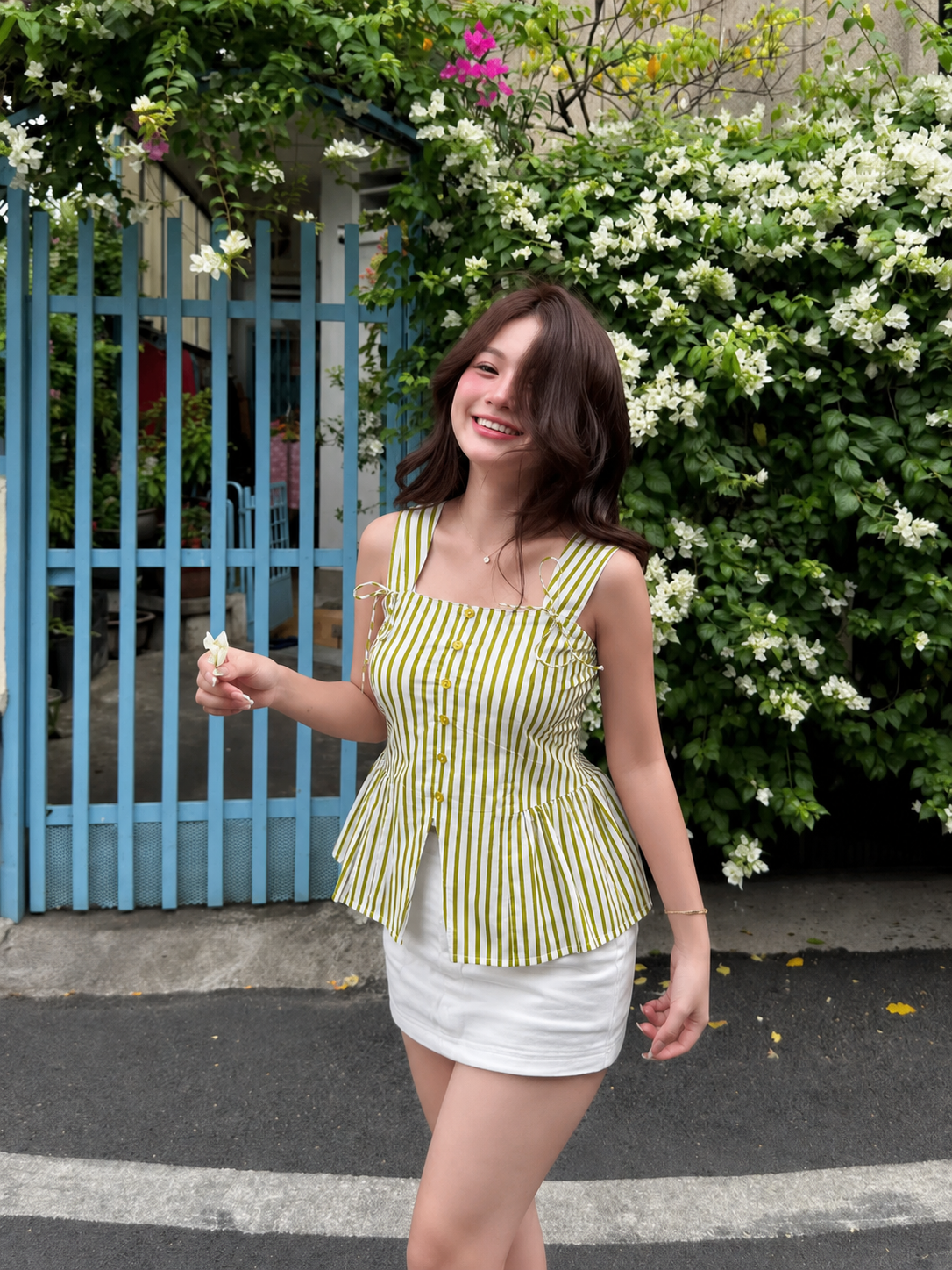 Women’s Green & White Striped Cotton Sleeveless Peplum Shirt with Button Detailing