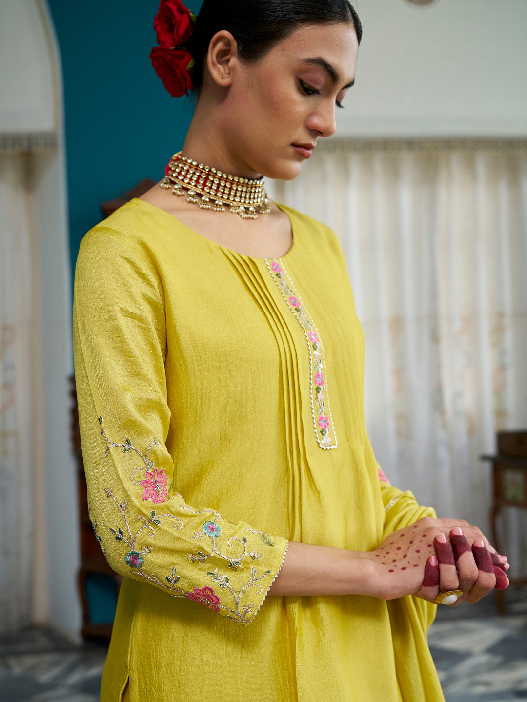 Lemon Yellow Embroidered Peplum Top with Sharara Set