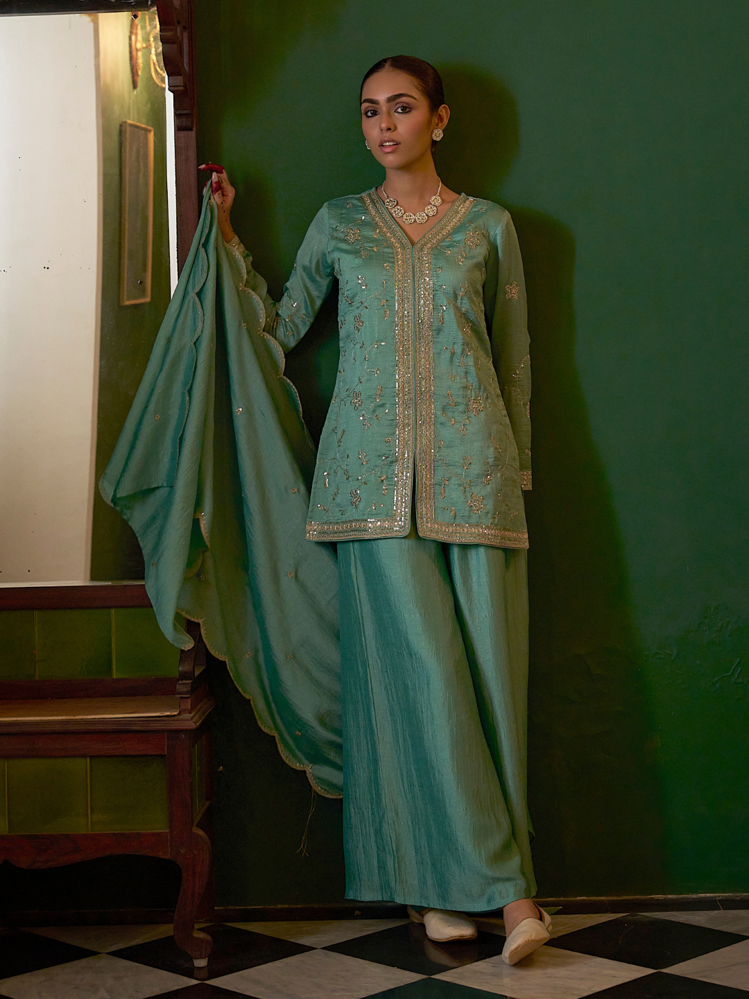 C-Green Embroidered Peplum Top with Sharara Set