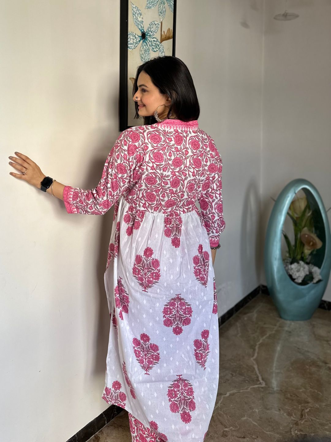 Pink Floral Print Cotton Kurta With Pants Set