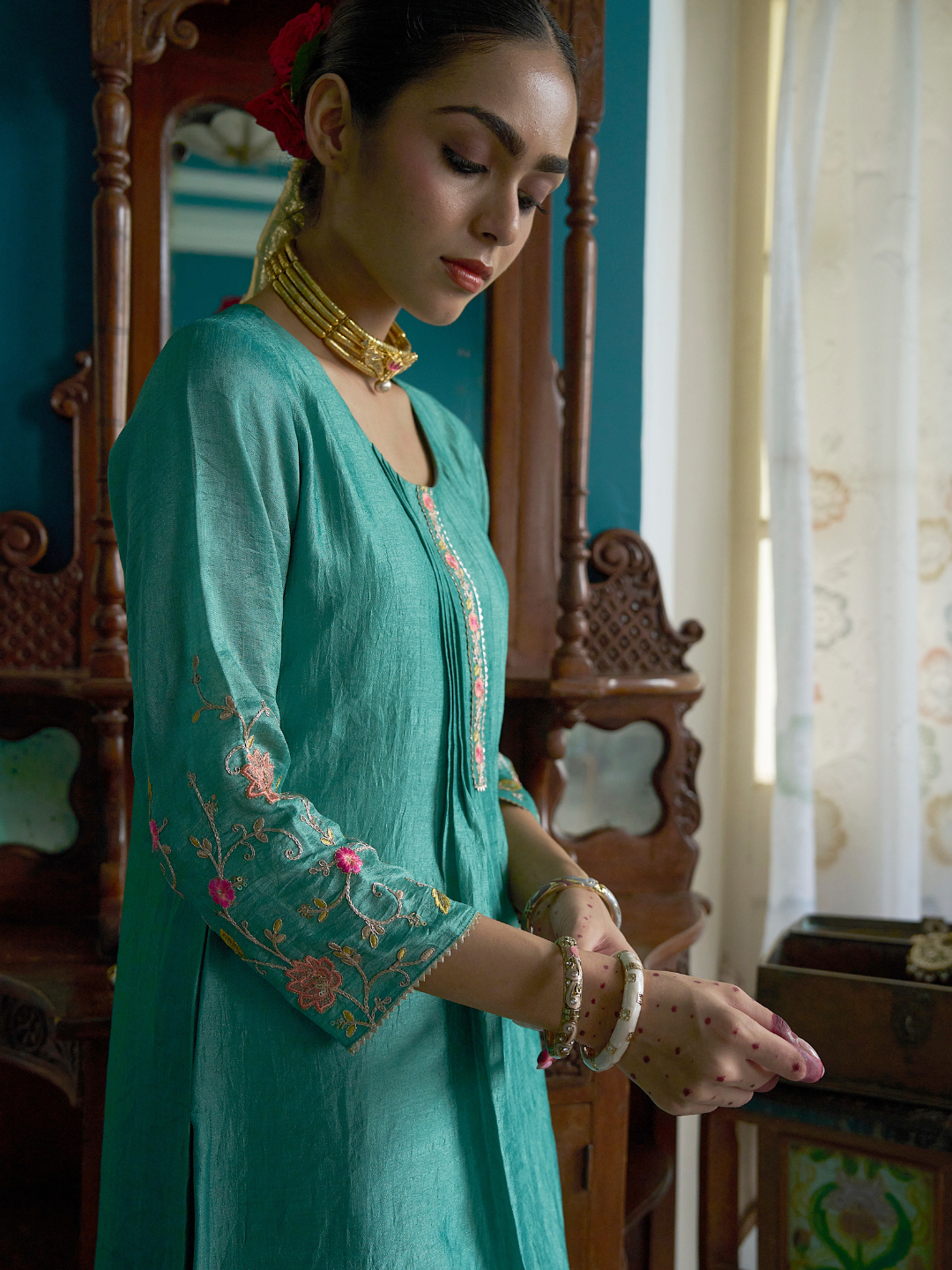 C Green Embroidered Peplum Top with Sharara Set