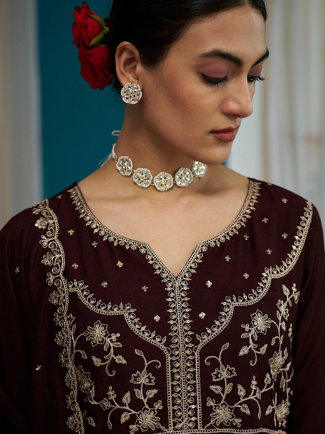 Coffee Embroidered Silk Anarkali kurta with Dupatta Set