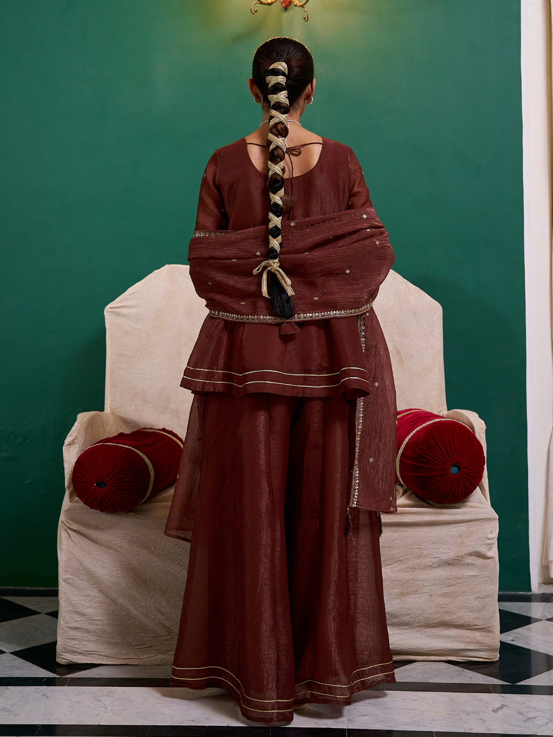 Coffee Embroidered Peplum Top with Sharara Set