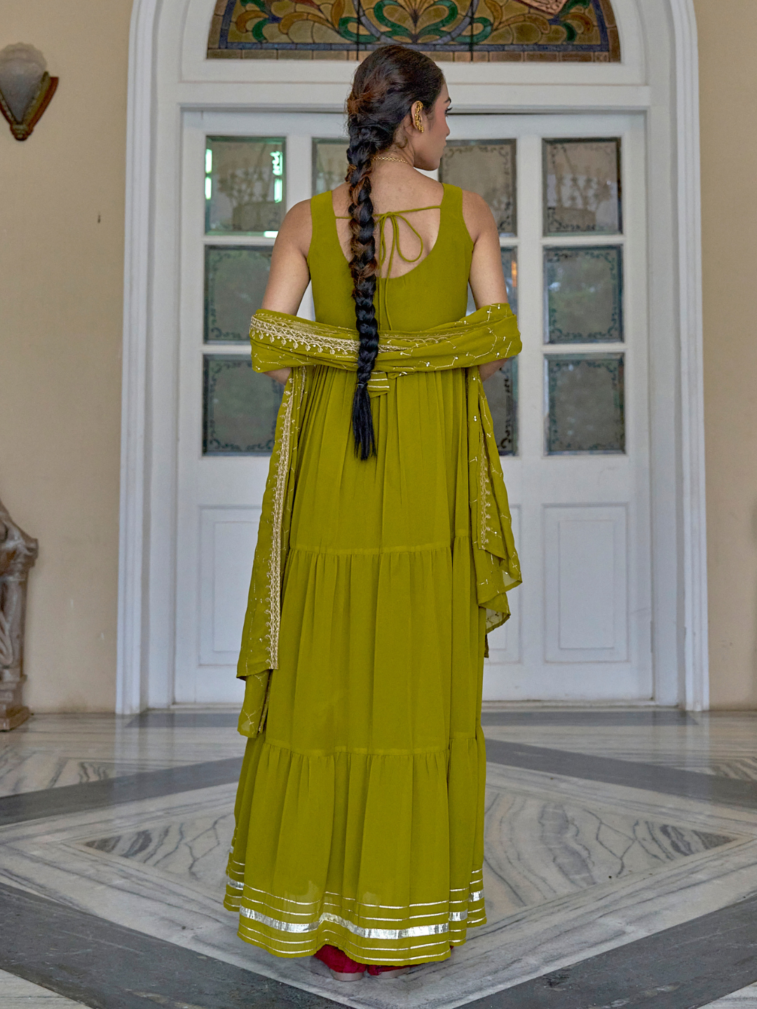 Green Embroidered Tiered Anarkali Kurta with Dupatta set
