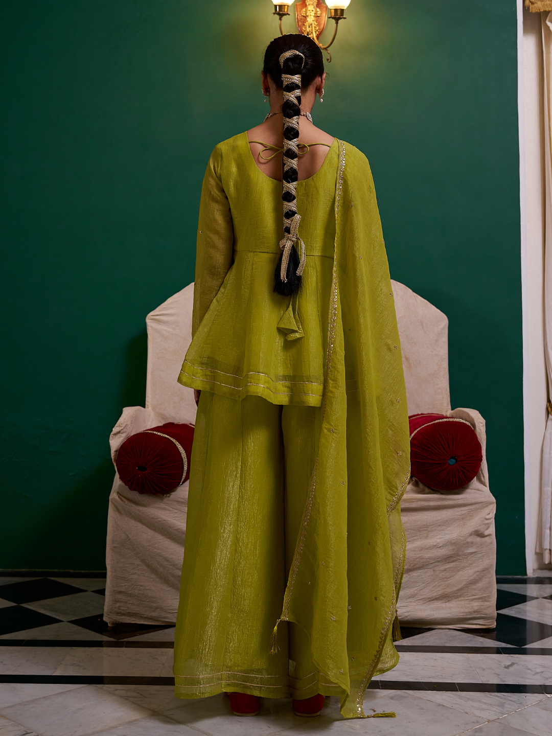 Neon Embroidered Peplum Top with Sharara Set