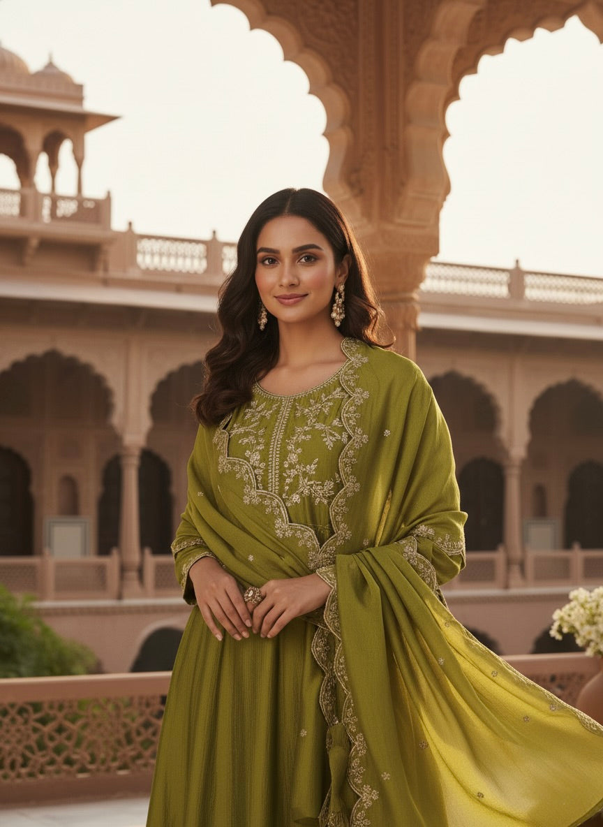 Green Silk Embroidered Anarkali Kurta And Dupatta set