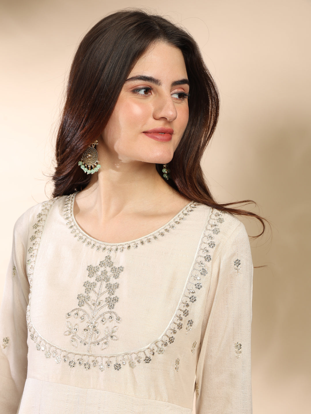 Cream Embroidered Silk Anarkali Kurta With Dupatta Set