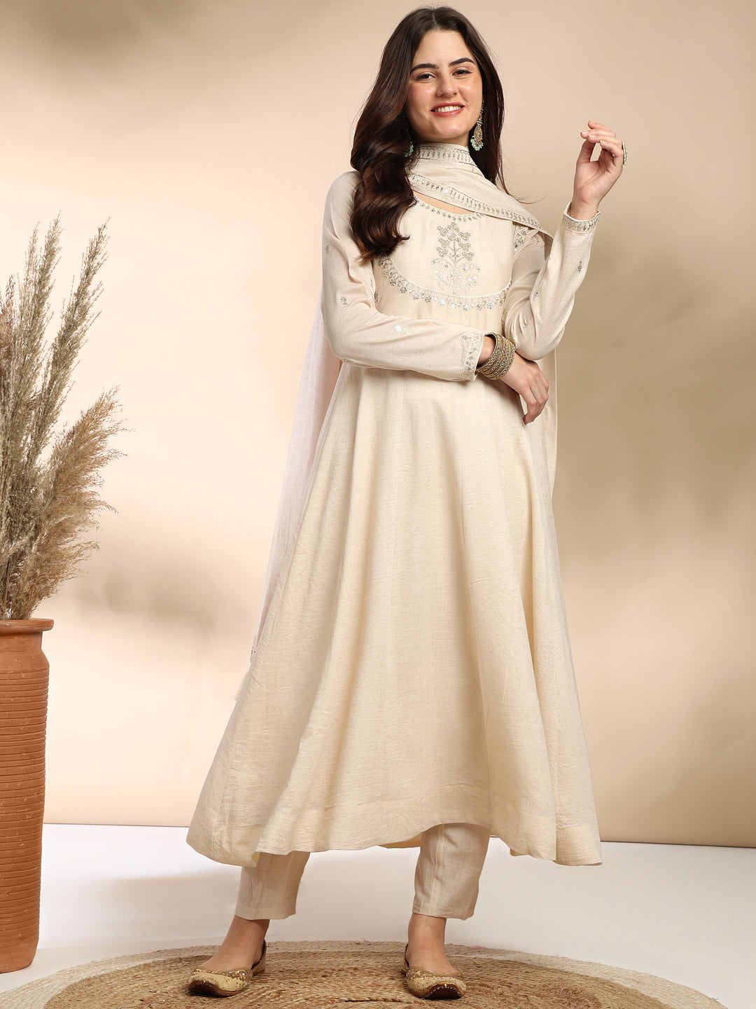 Cream Embroidered Silk Anarkali Kurta With Dupatta Set