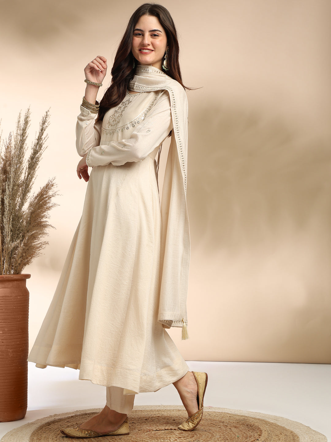 Cream Embroidered Silk Anarkali Kurta With Dupatta Set
