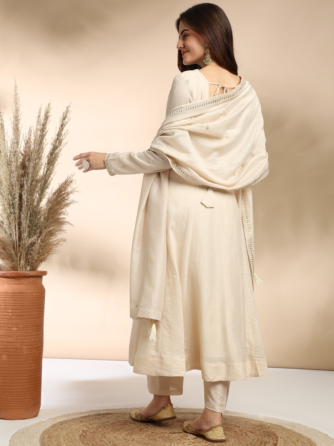 Cream Embroidered Silk Anarkali Kurta With Dupatta Set