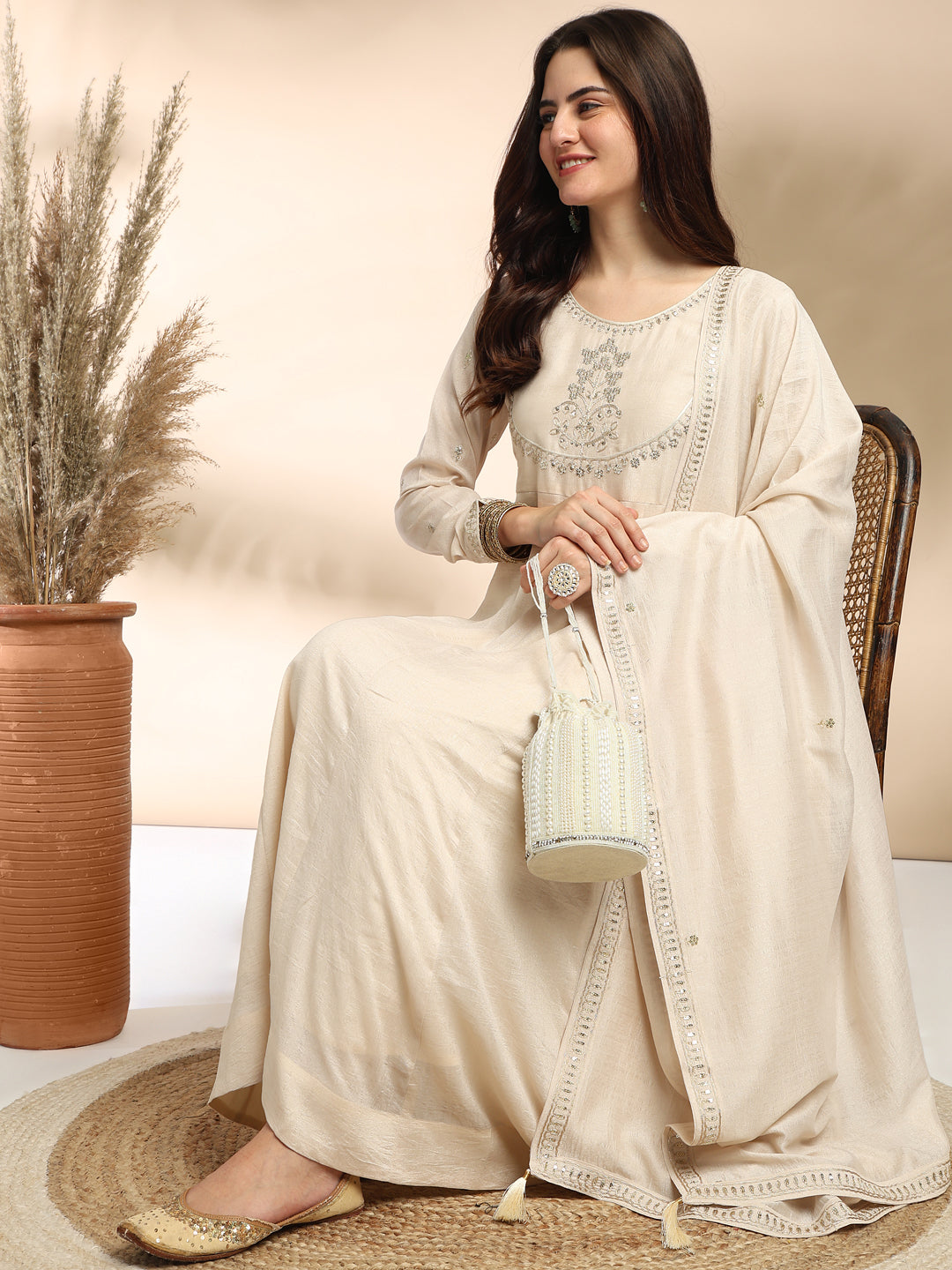 Cream Embroidered Silk Anarkali Kurta With Dupatta Set