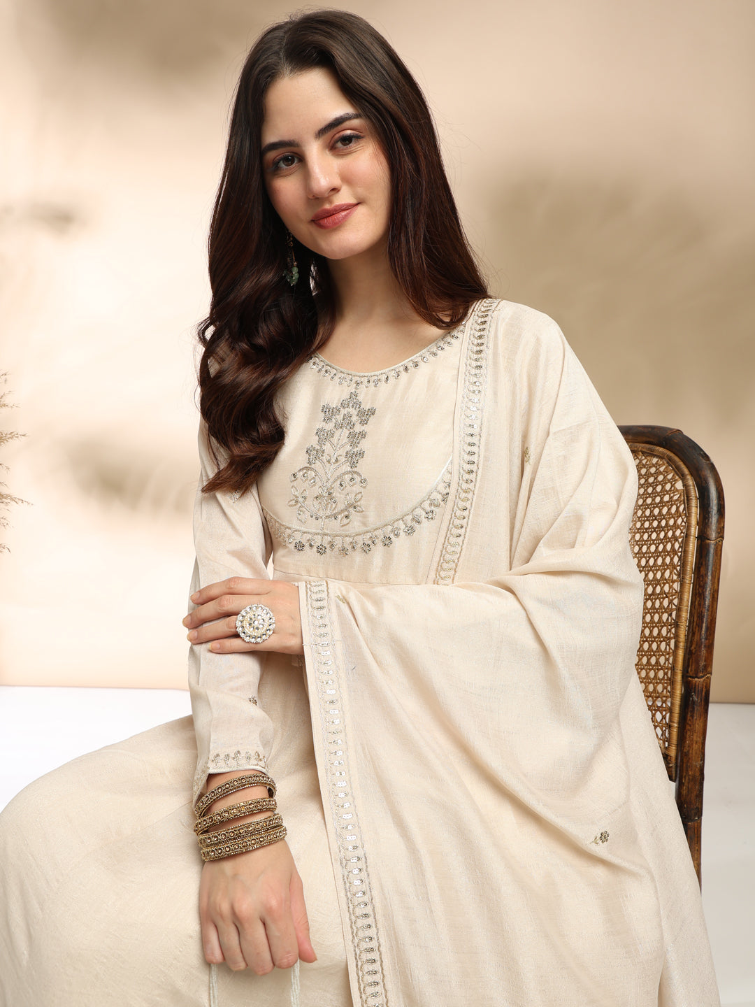 Cream Embroidered Silk Anarkali Kurta With Dupatta Set
