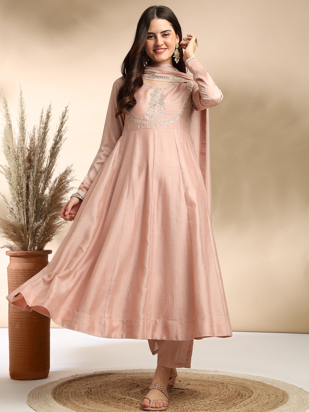 Rose Pink Embroidered Silk Anarkali Kurta With Dupatta Set