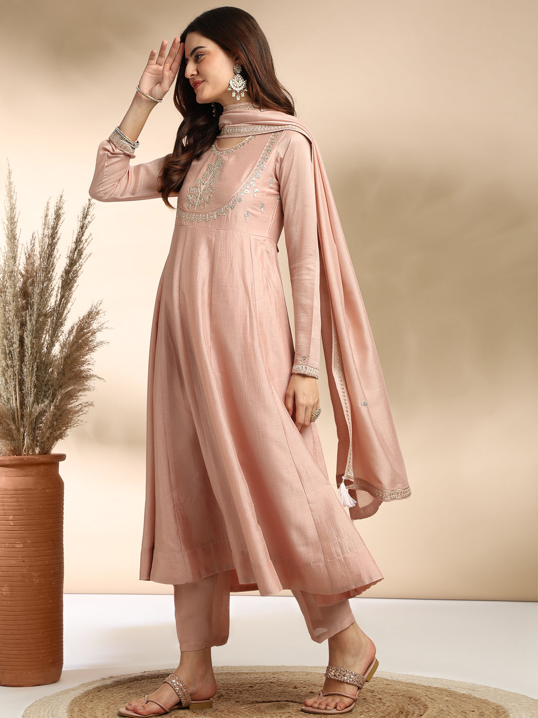 Rose Pink Embroidered Silk Anarkali Kurta With Dupatta Set