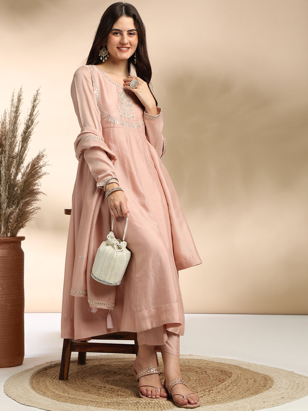 Rose Pink Embroidered Silk Anarkali Kurta With Dupatta Set