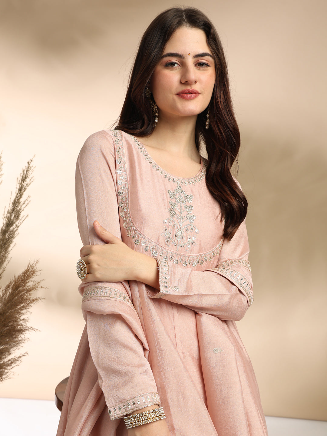 Rose Pink Embroidered Silk Anarkali Kurta With Dupatta Set