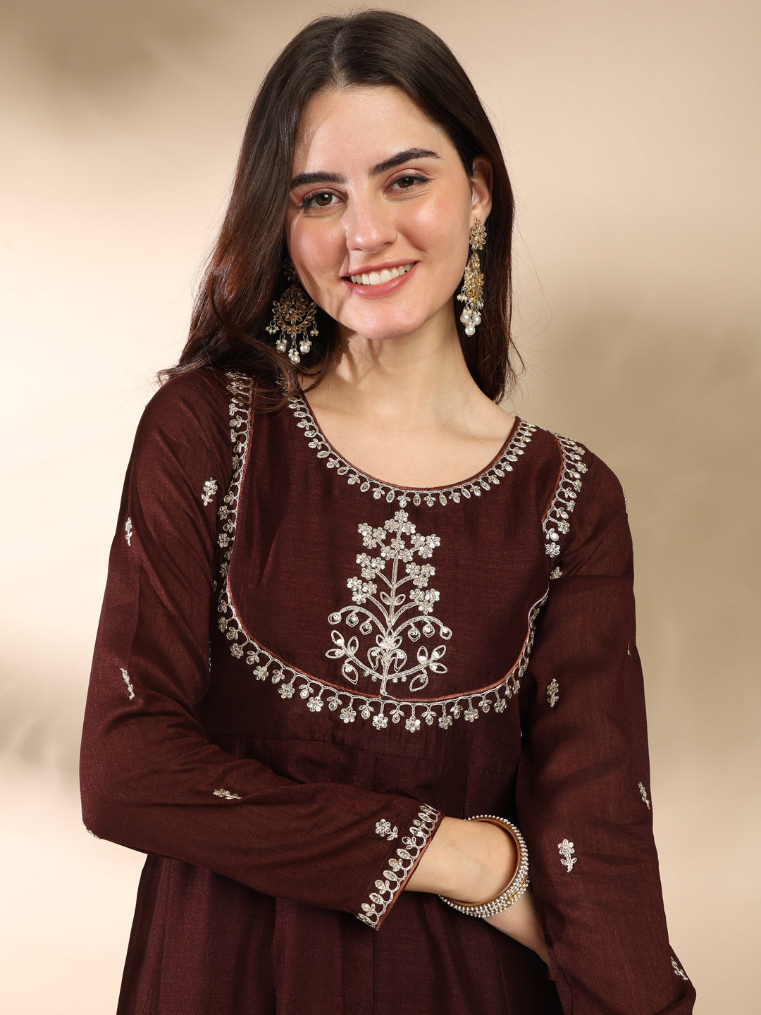 Coffee Embroidered Silk Anarkali Kurta With Dupatta Set