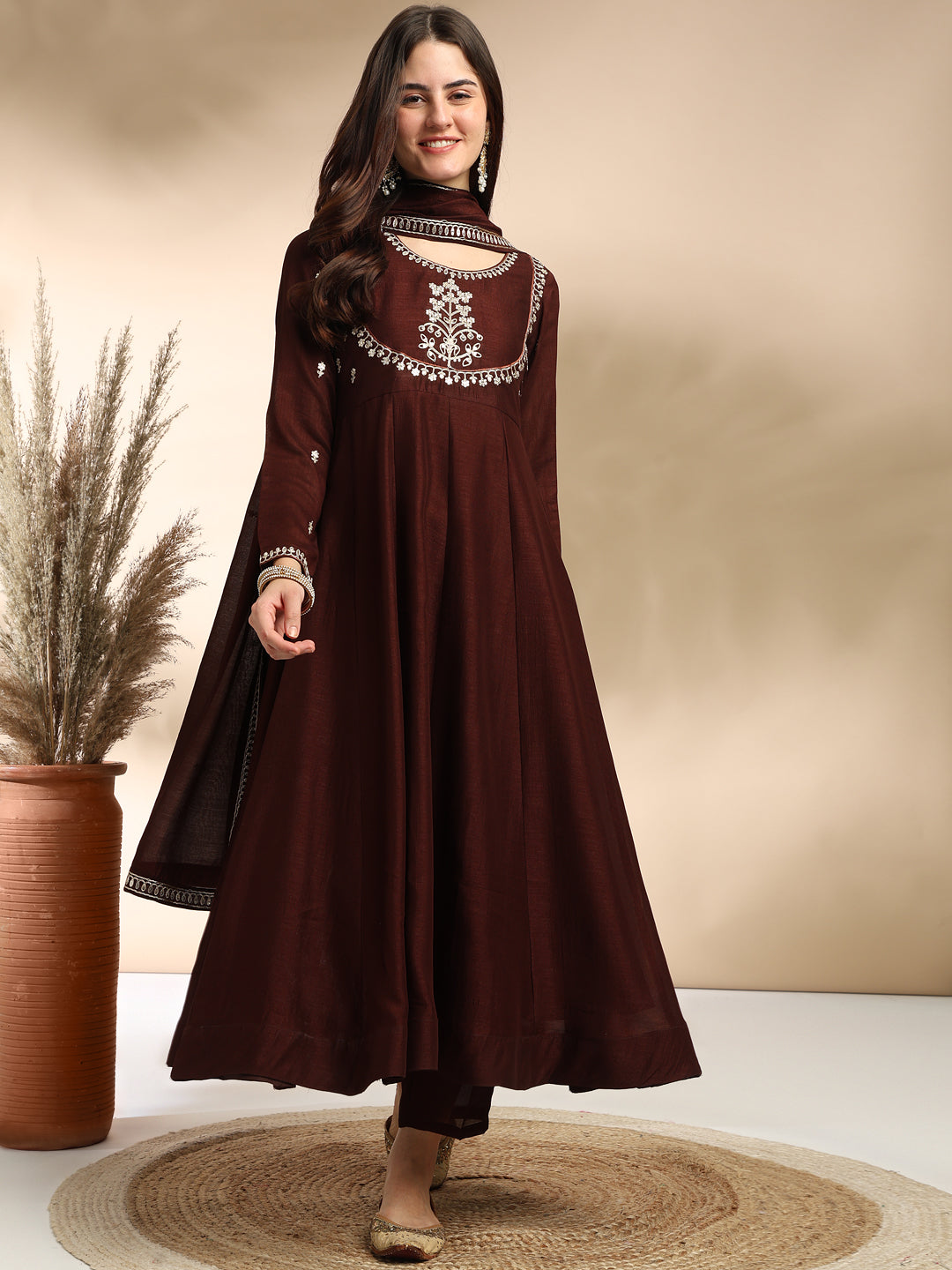 Coffee Embroidered Silk Anarkali Kurta With Dupatta Set