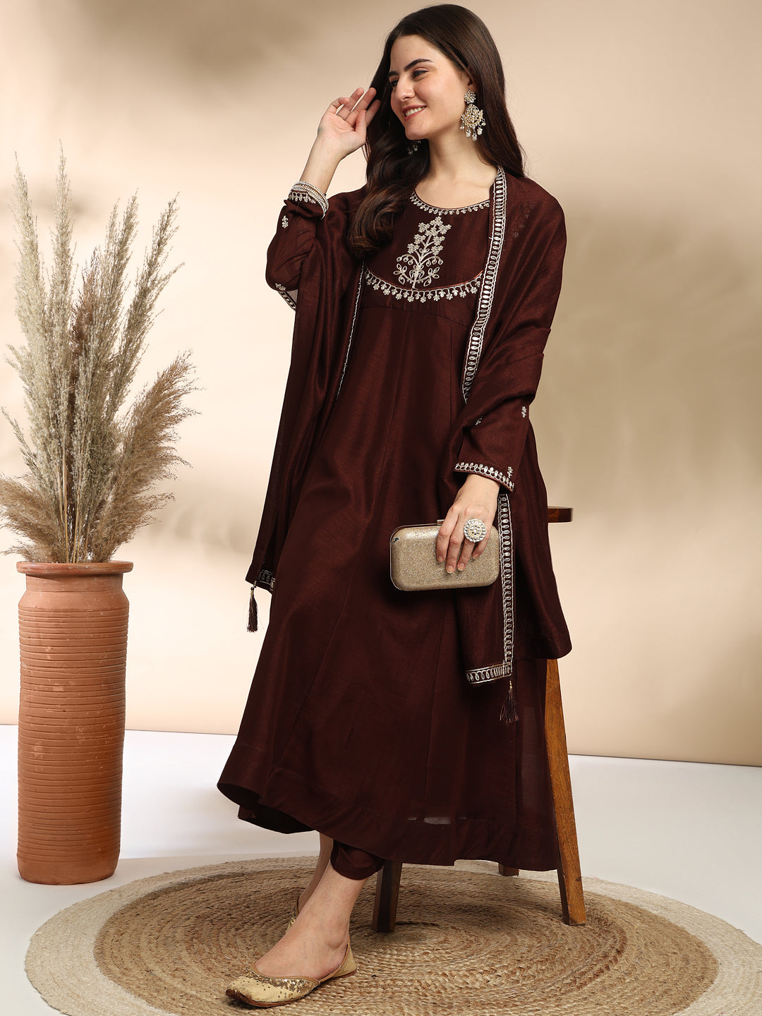 Coffee Embroidered Silk Anarkali Kurta With Dupatta Set