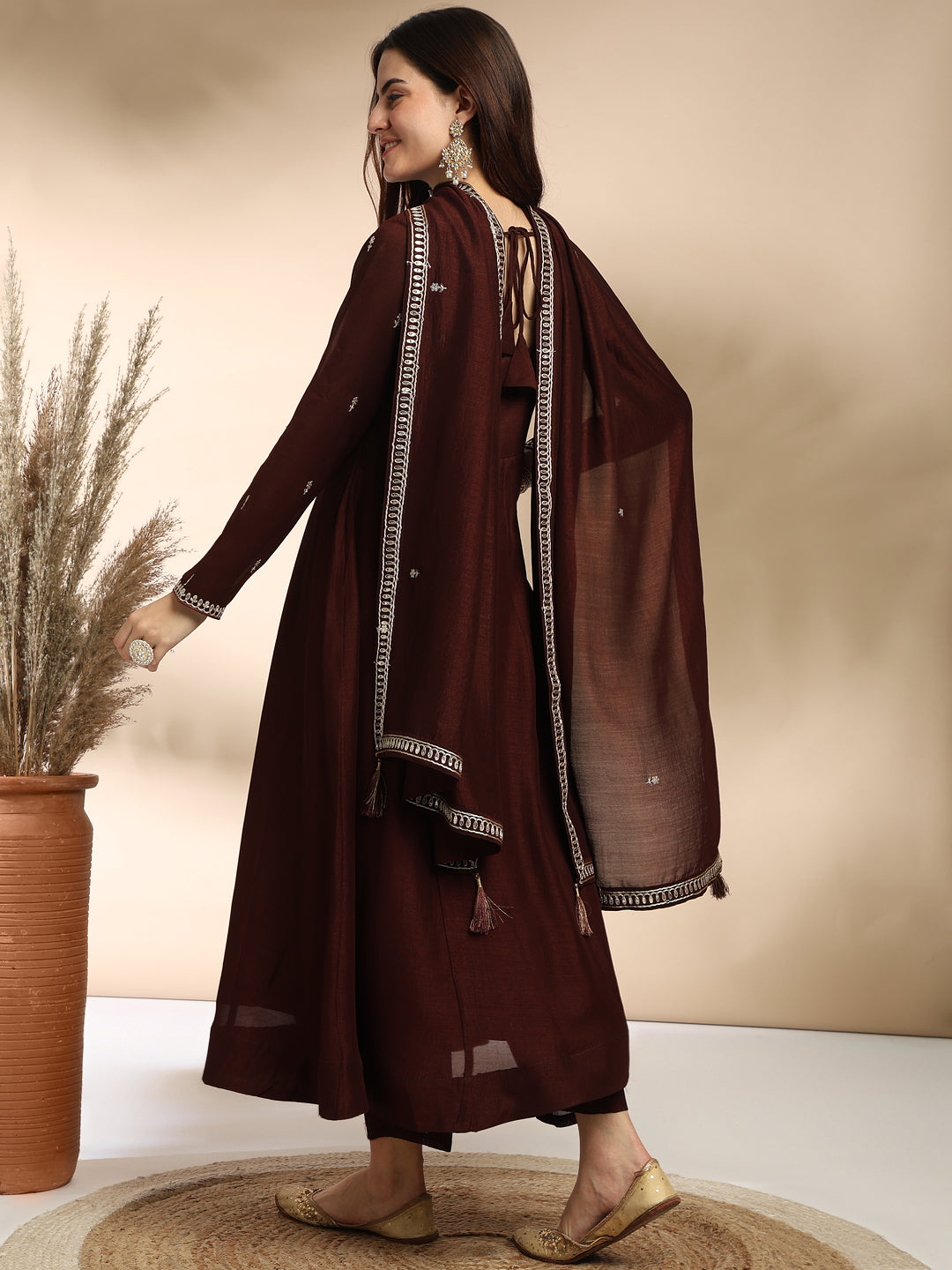 Coffee Embroidered Silk Anarkali Kurta With Dupatta Set