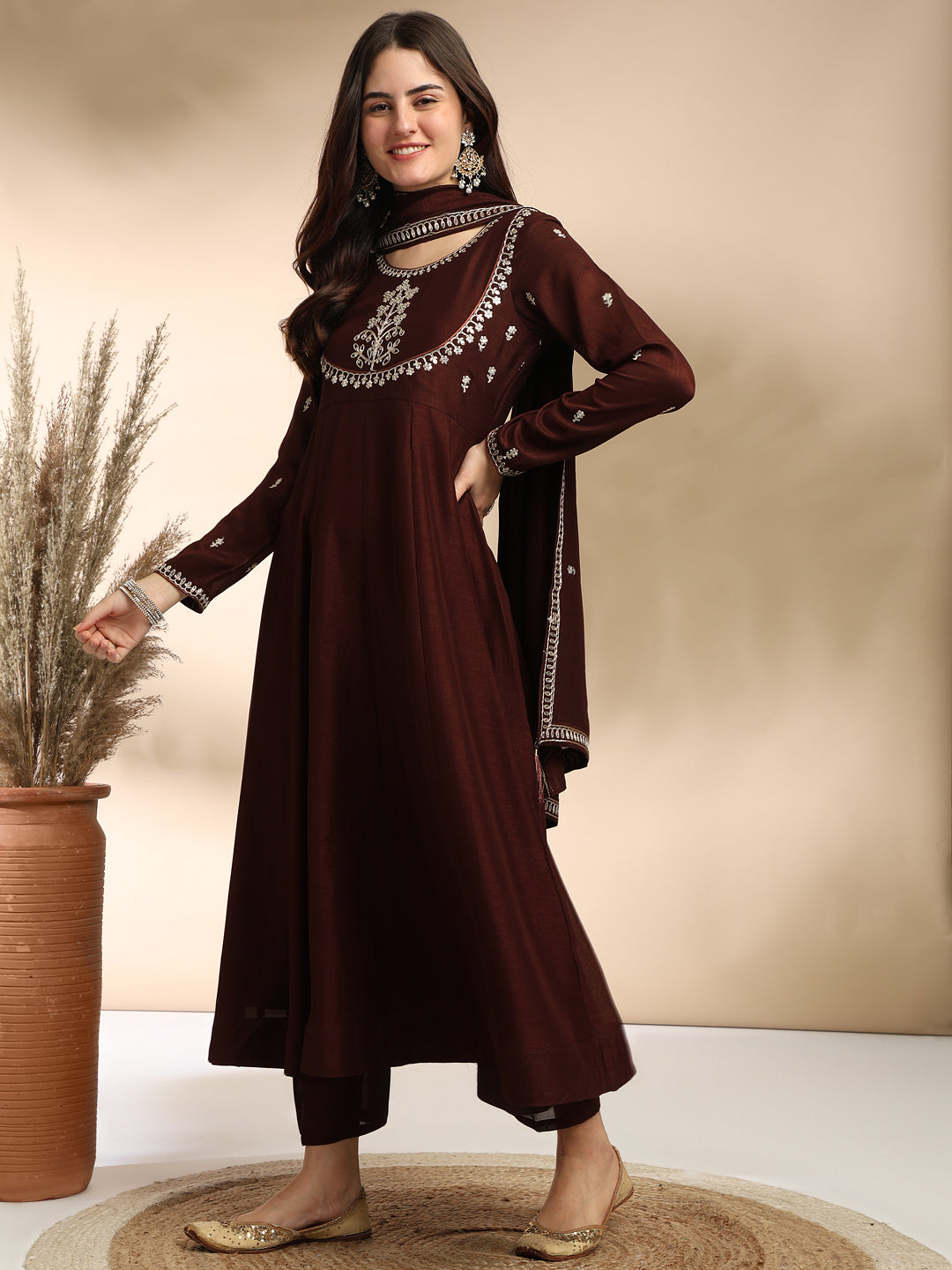 Coffee Embroidered Silk Anarkali Kurta With Dupatta Set