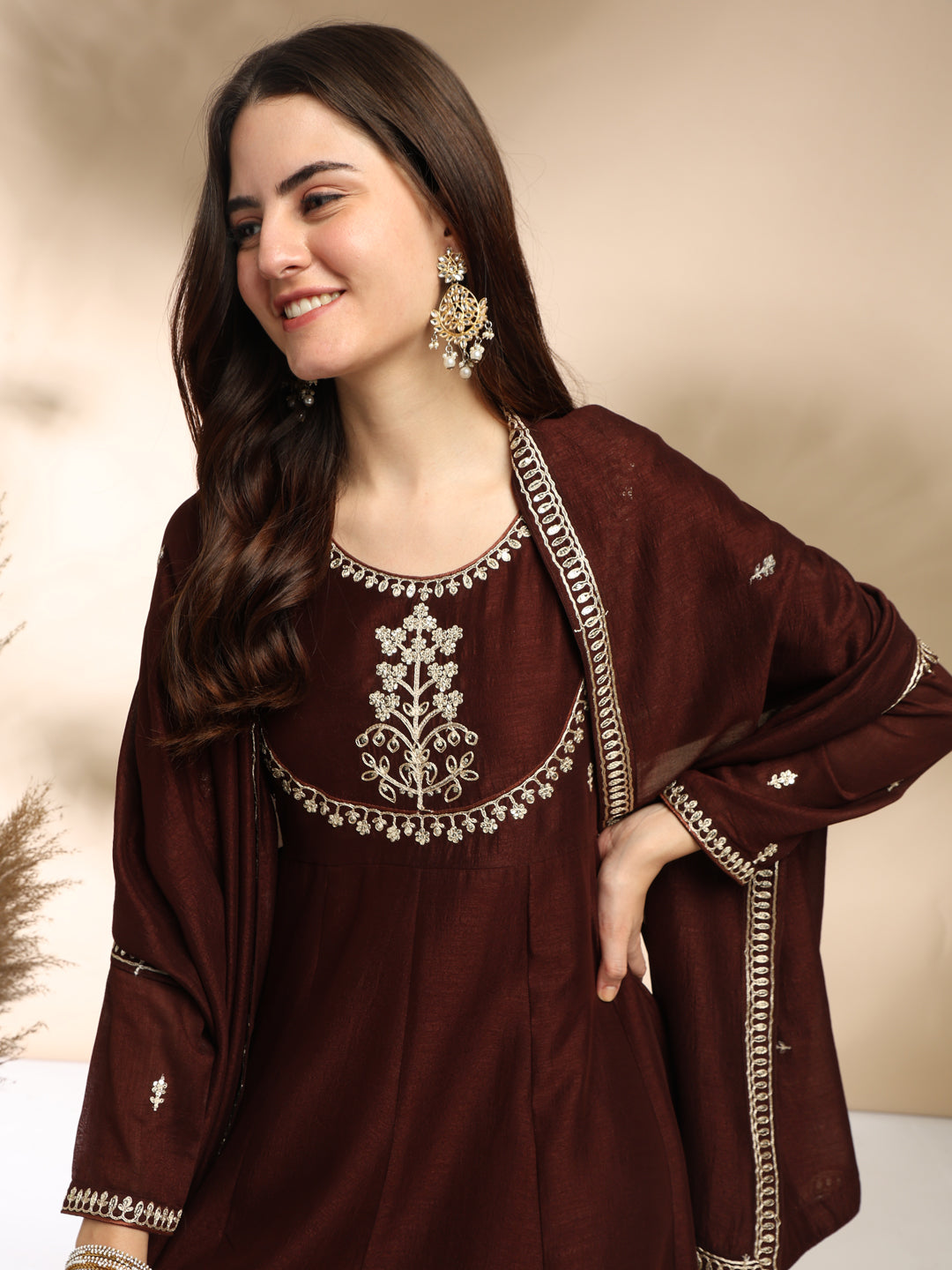 Coffee Embroidered Silk Anarkali Kurta With Dupatta Set