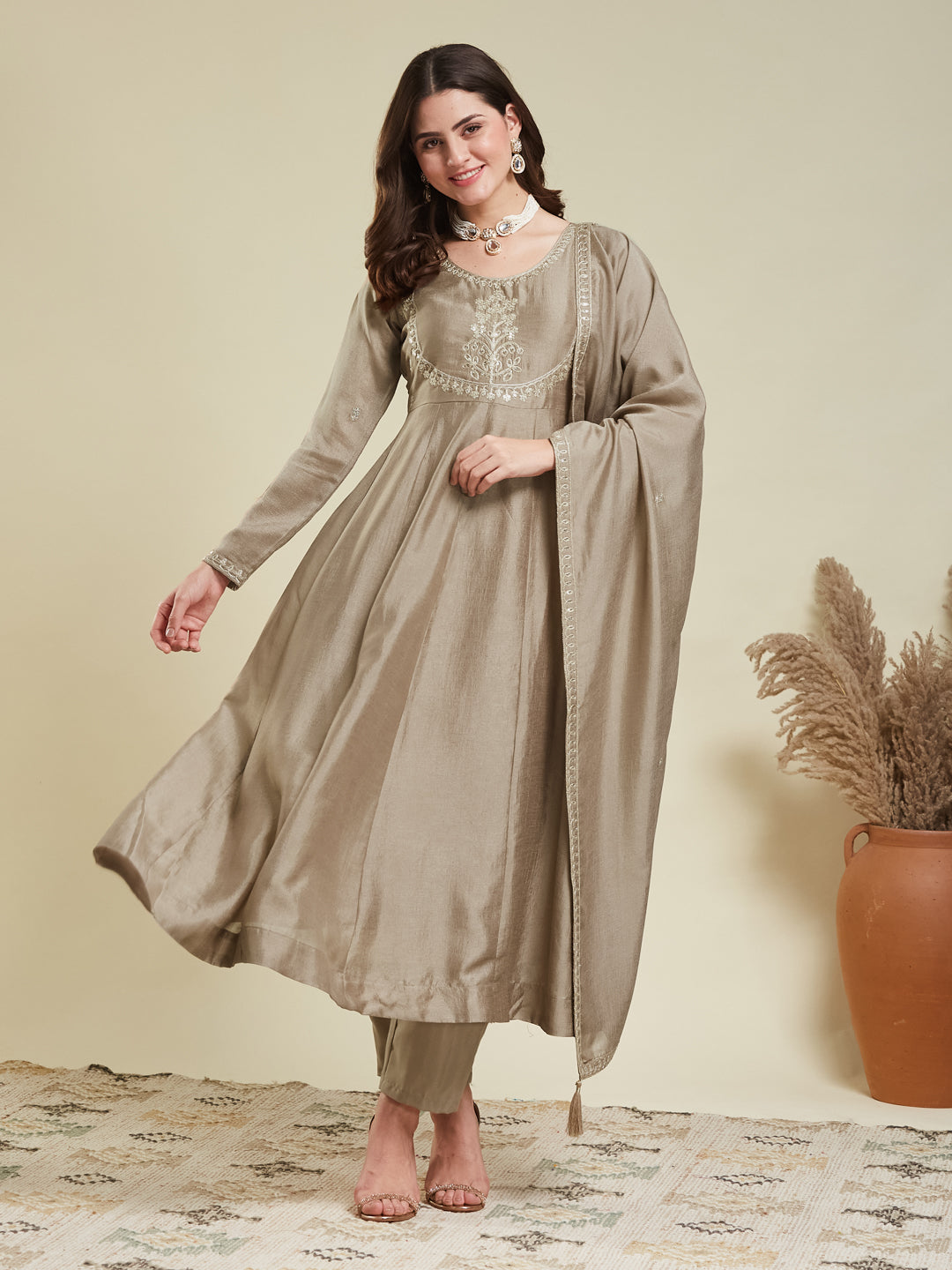 Grey Embroidered Silk Anarkali Kurta With Dupatta Set