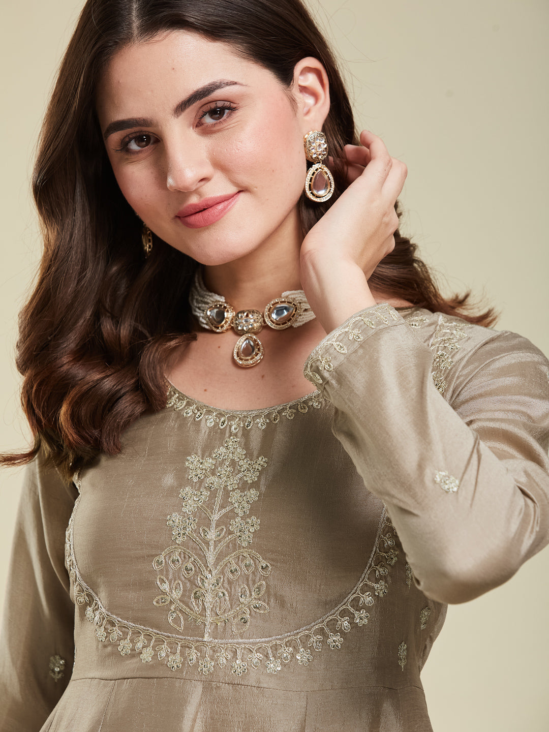 Grey Embroidered Silk Anarkali Kurta With Dupatta Set