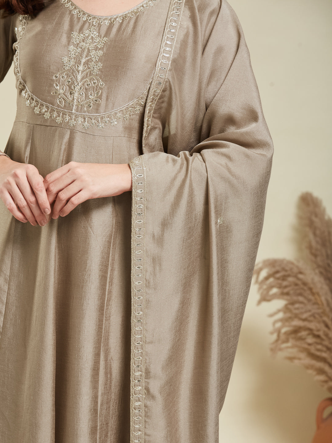 Grey Embroidered Silk Anarkali Kurta With Dupatta Set