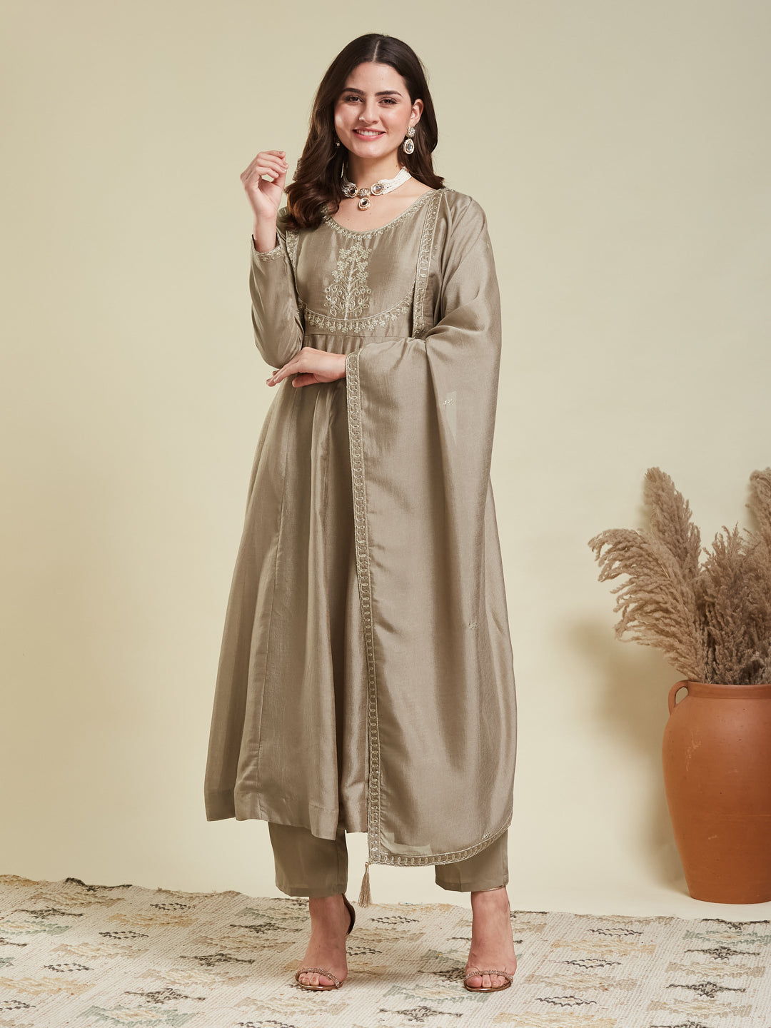 Grey Embroidered Silk Anarkali Kurta With Dupatta Set