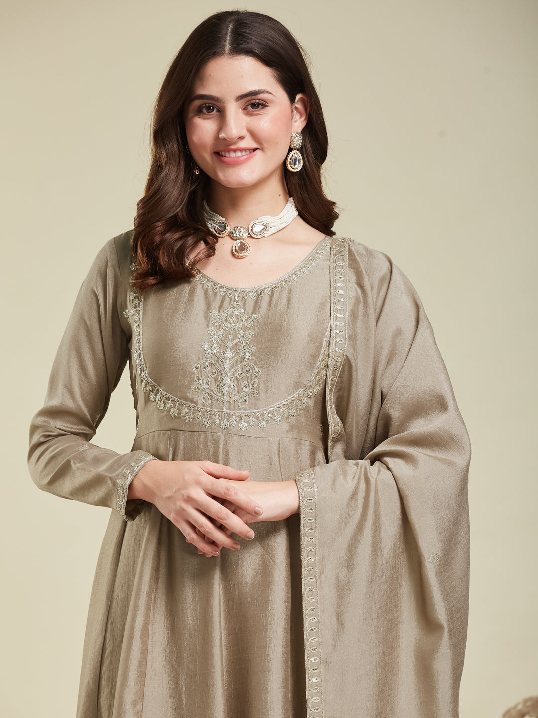 Grey Embroidered Silk Anarkali Kurta With Dupatta Set