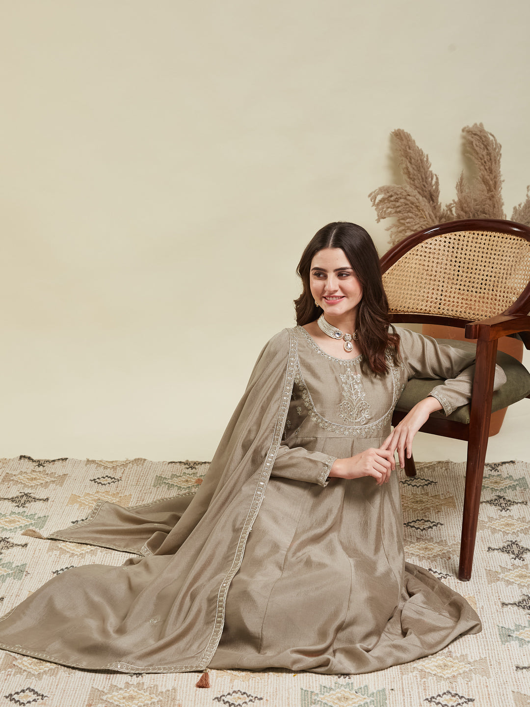 Grey Embroidered Silk Anarkali Kurta With Dupatta Set