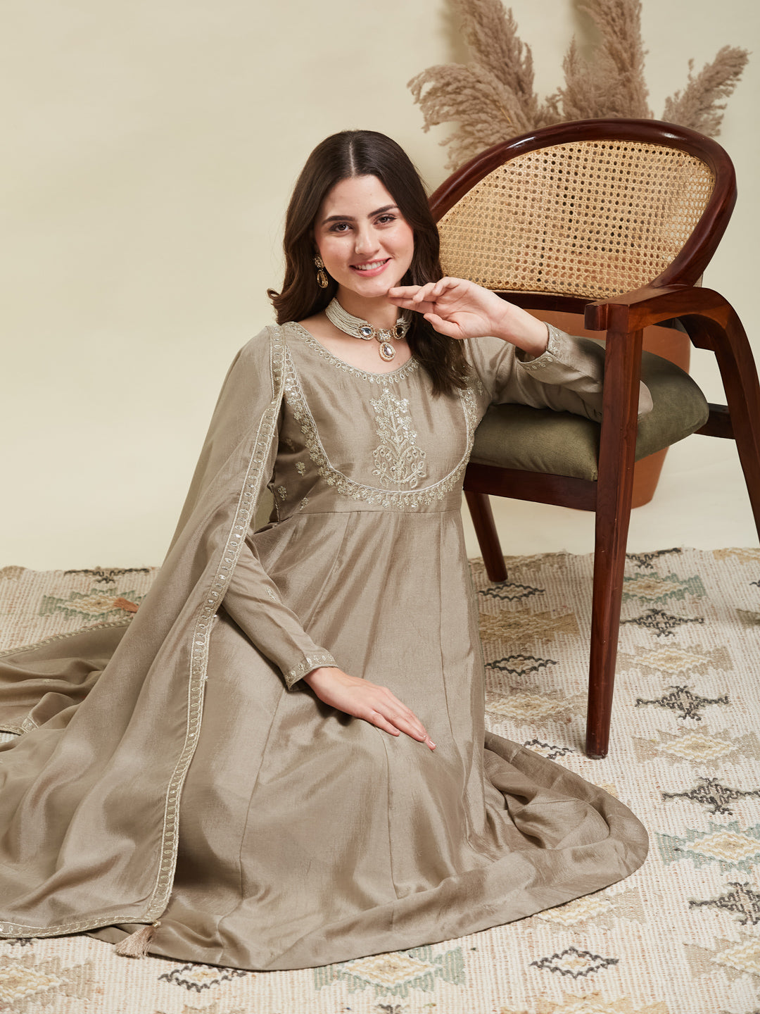 Grey Embroidered Silk Anarkali Kurta With Dupatta Set