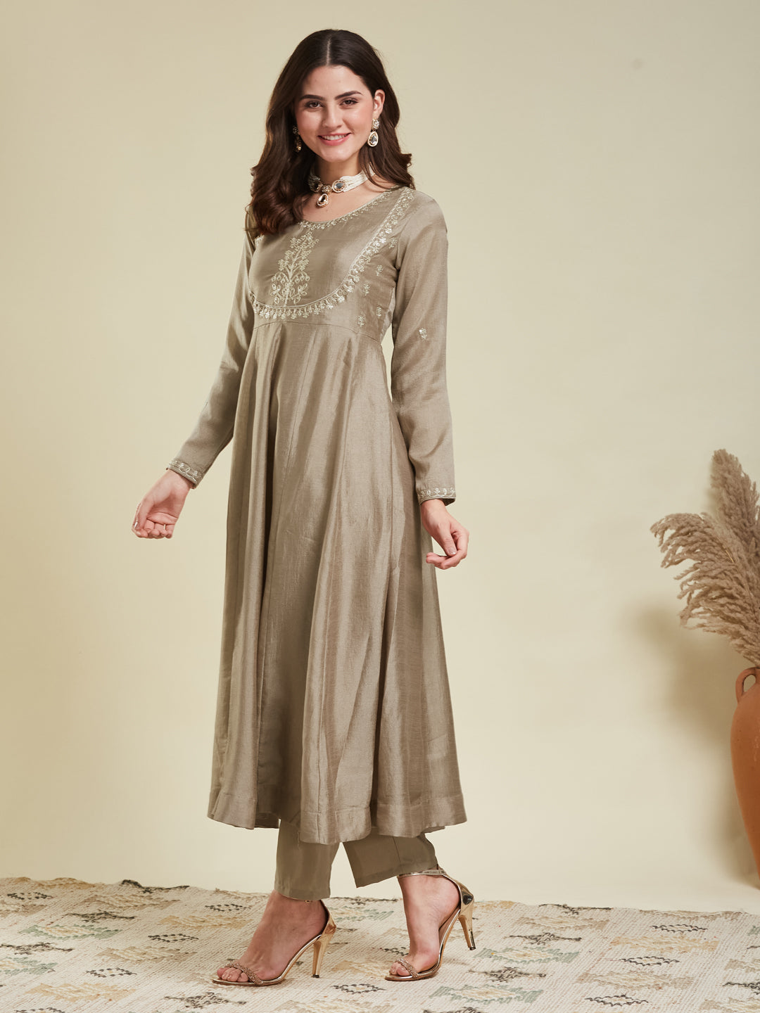 Grey Embroidered Silk Anarkali Kurta With Dupatta Set