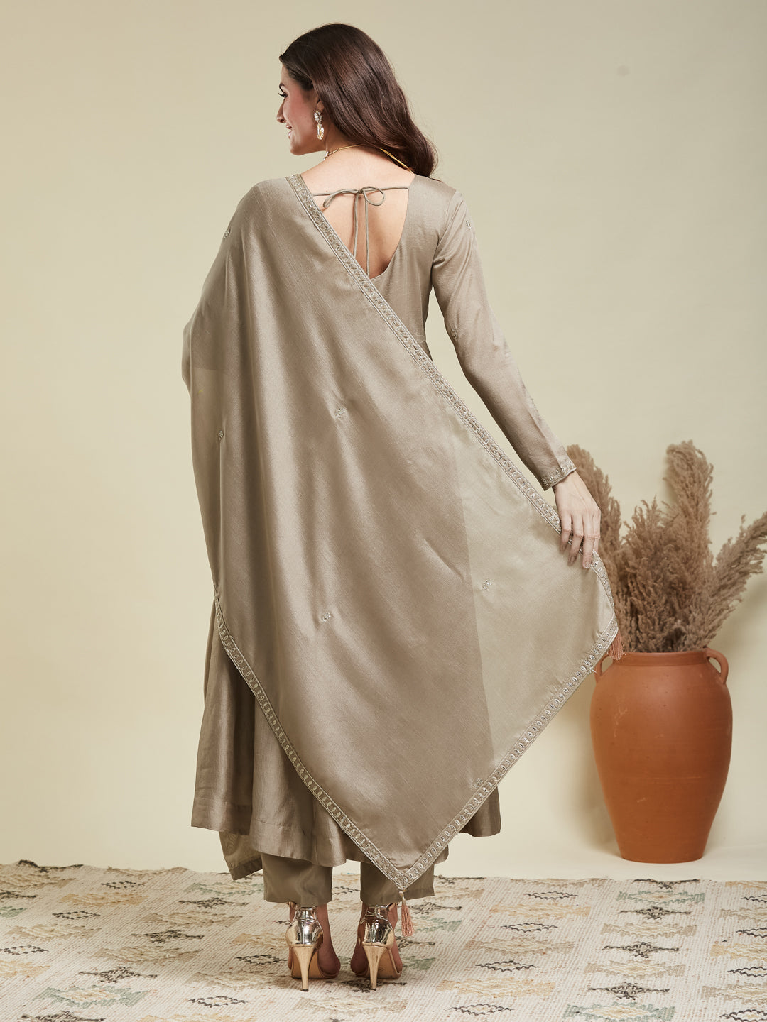 Grey Embroidered Silk Anarkali Kurta With Dupatta Set