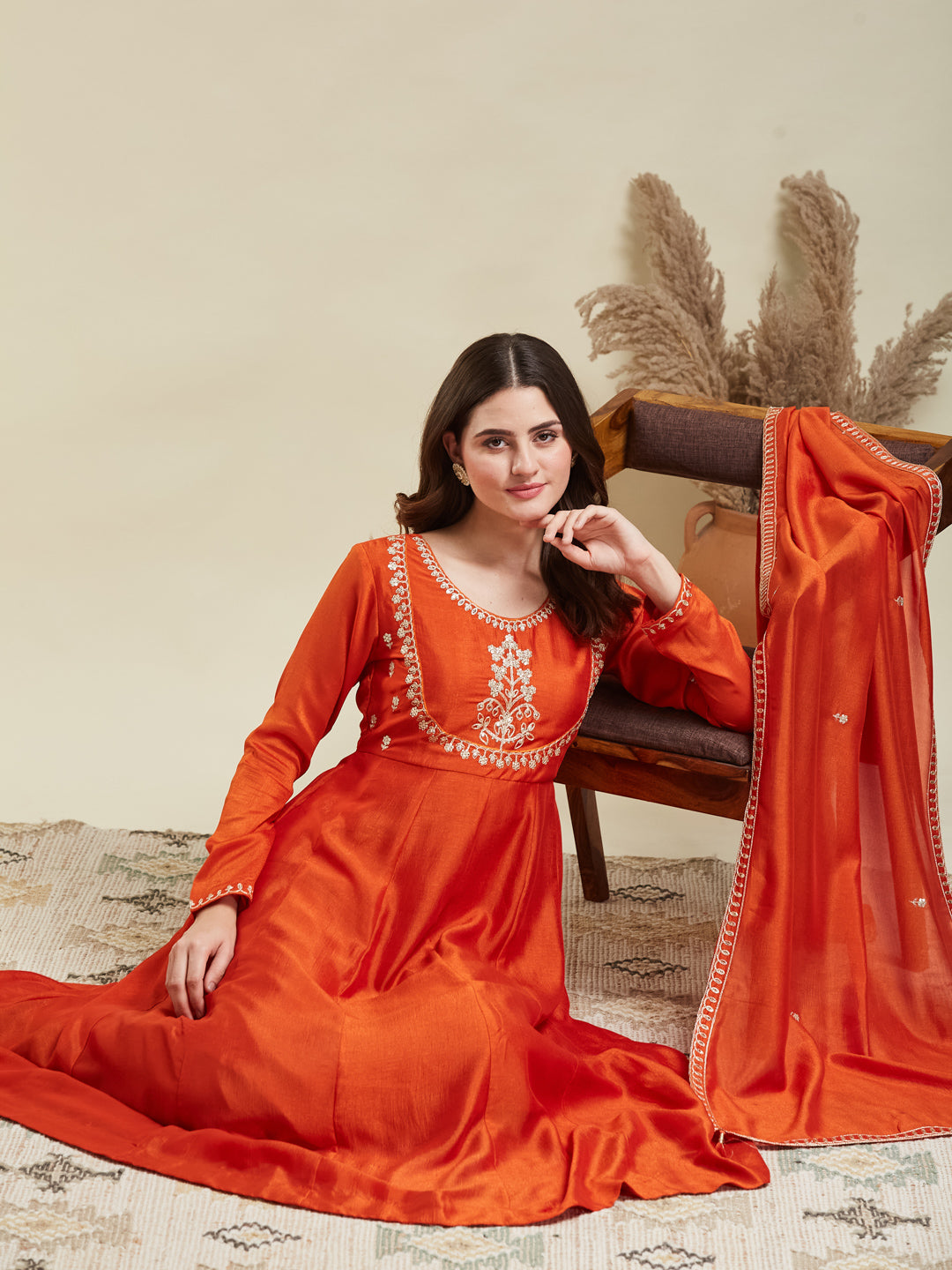 Orange Embroidered Silk Anarkali Kurta With Dupatta Set