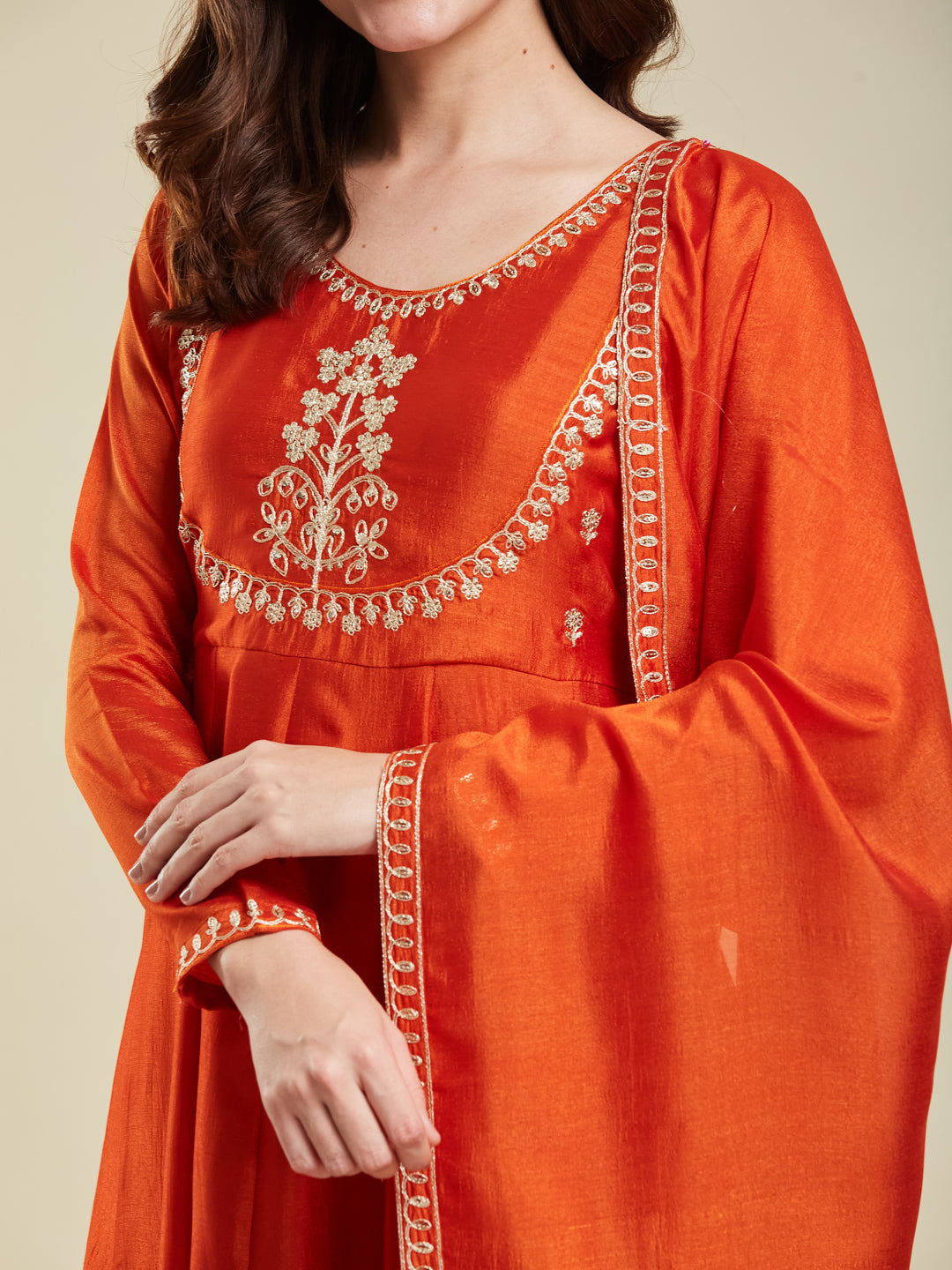 Orange Embroidered Silk Anarkali Kurta With Dupatta Set