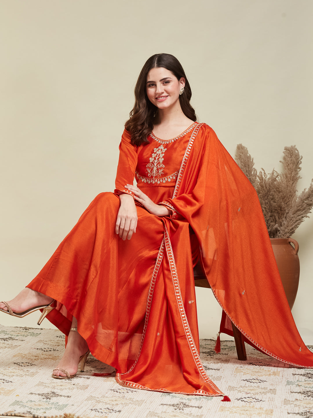Orange Embroidered Silk Anarkali Kurta With Dupatta Set