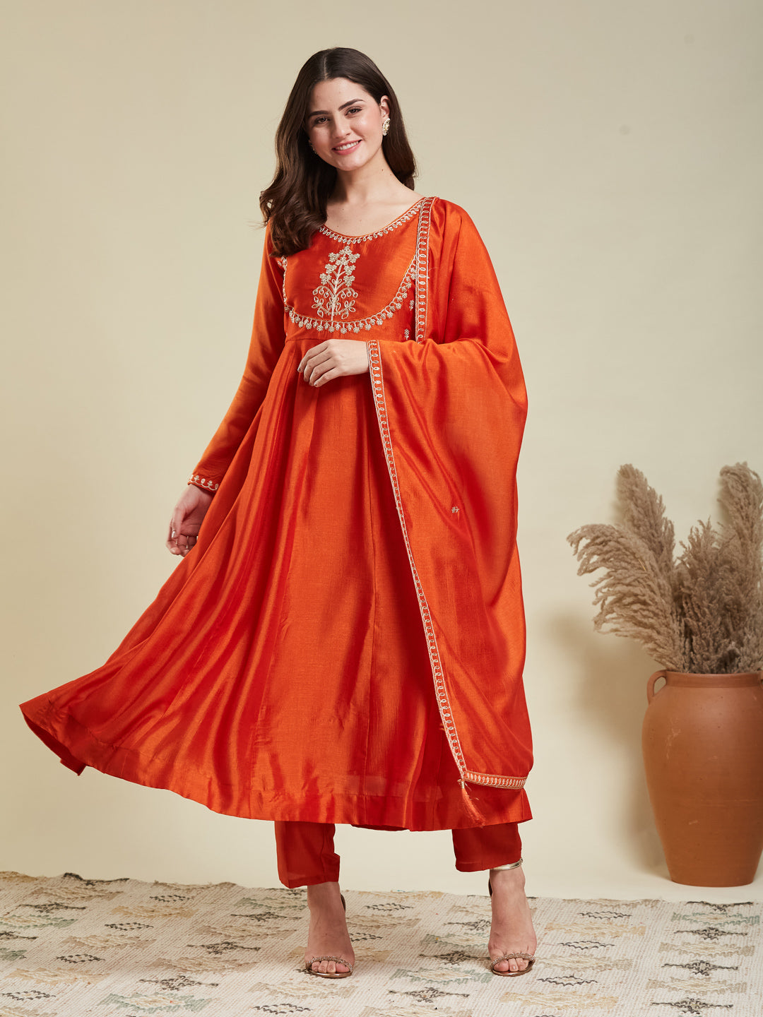 Orange Embroidered Silk Anarkali Kurta With Dupatta Set