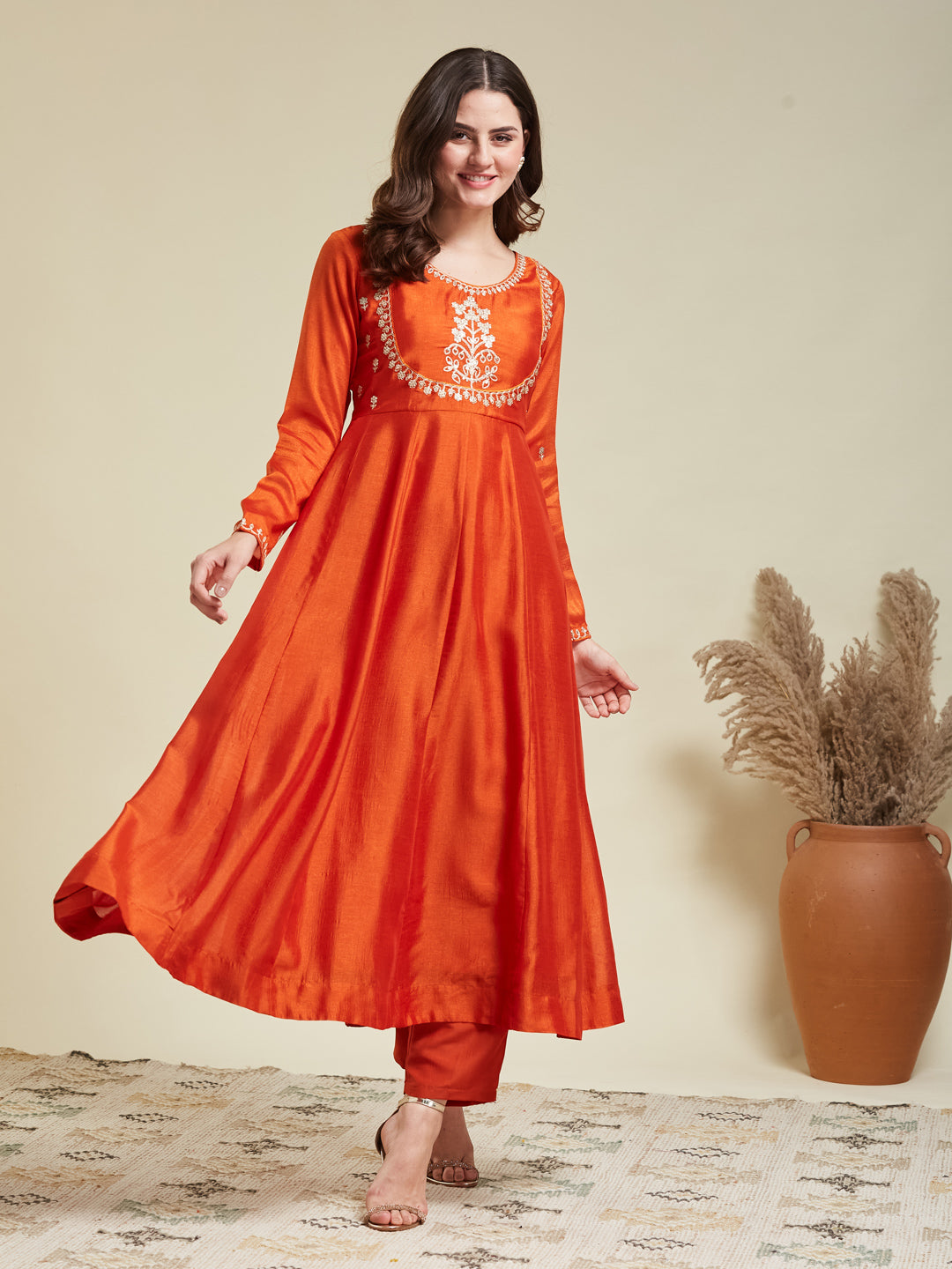 Orange Embroidered Silk Anarkali Kurta With Dupatta Set