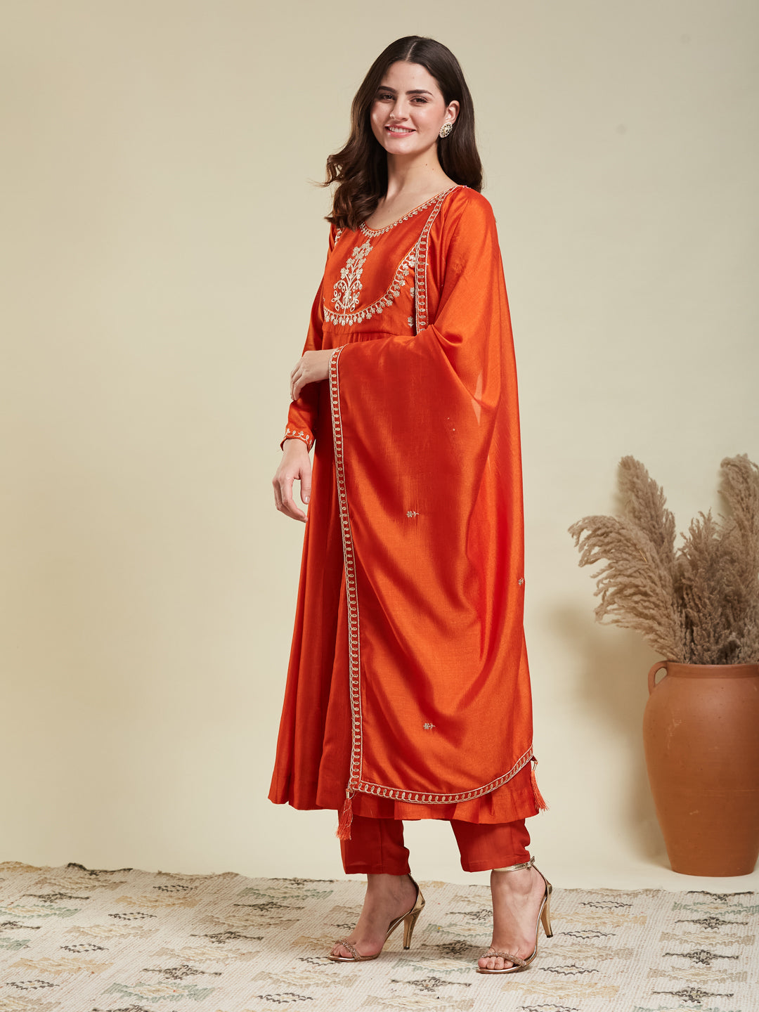 Orange Embroidered Silk Anarkali Kurta With Dupatta Set