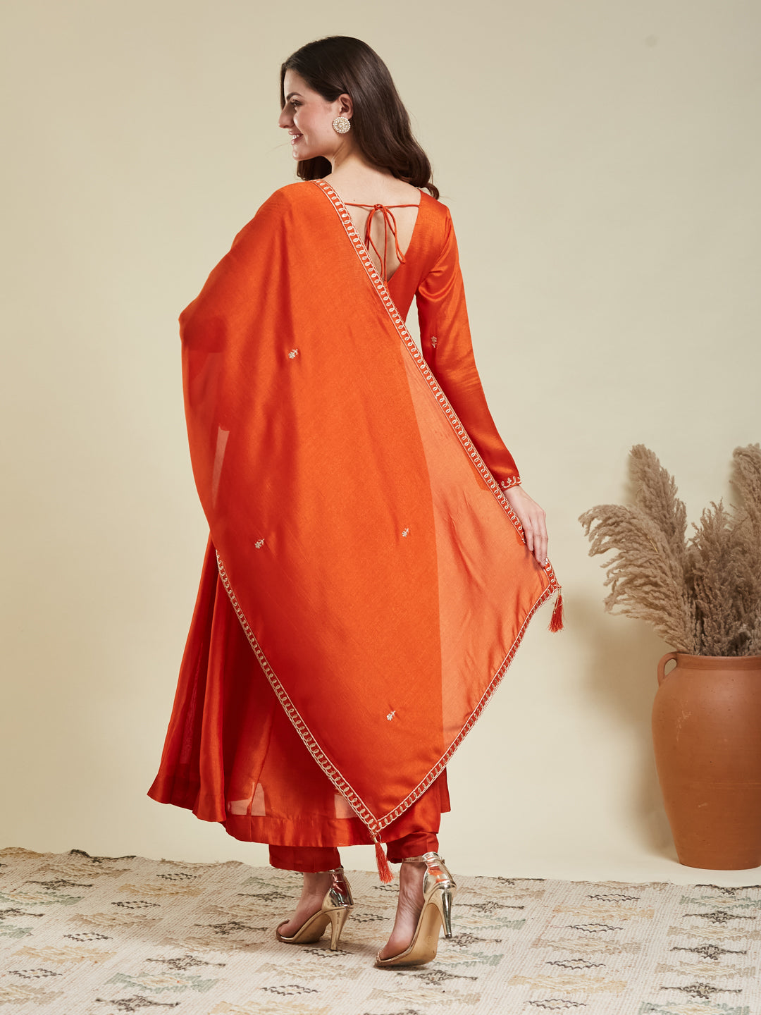 Orange Embroidered Silk Anarkali Kurta With Dupatta Set