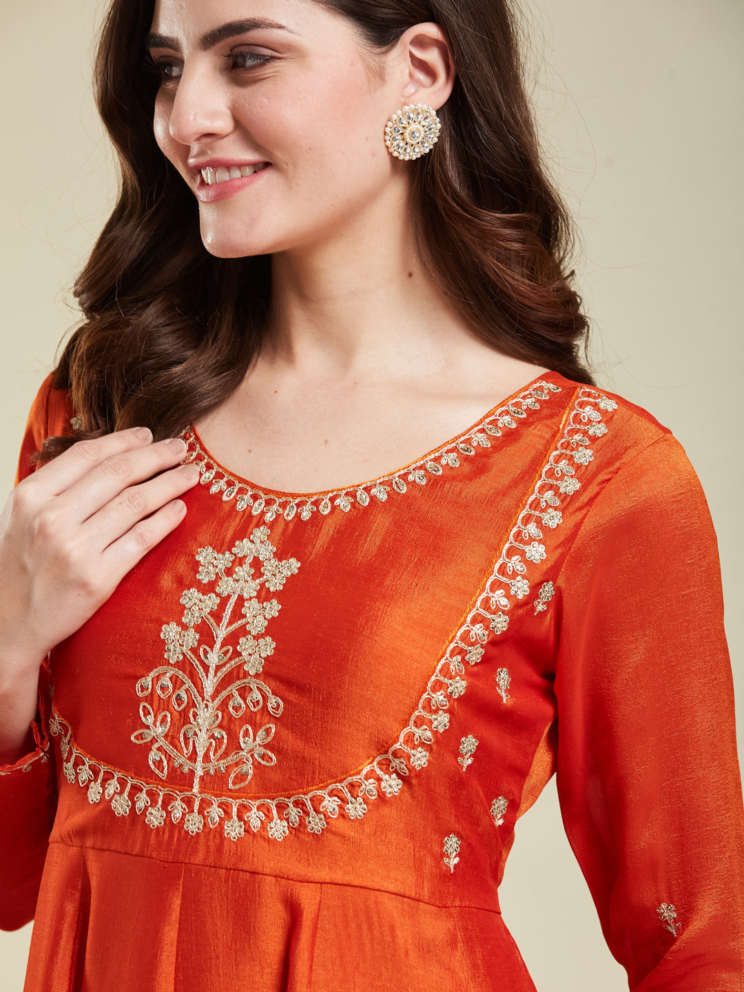 Orange Embroidered Silk Anarkali Kurta With Dupatta Set