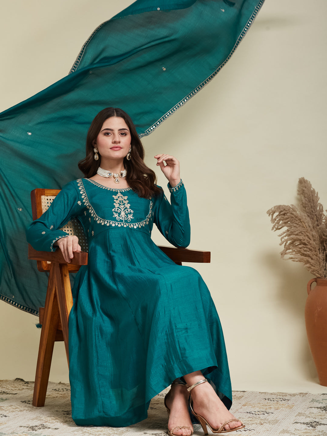 Rama Embroidered Silk Anarkali Kurta With Dupatta Set