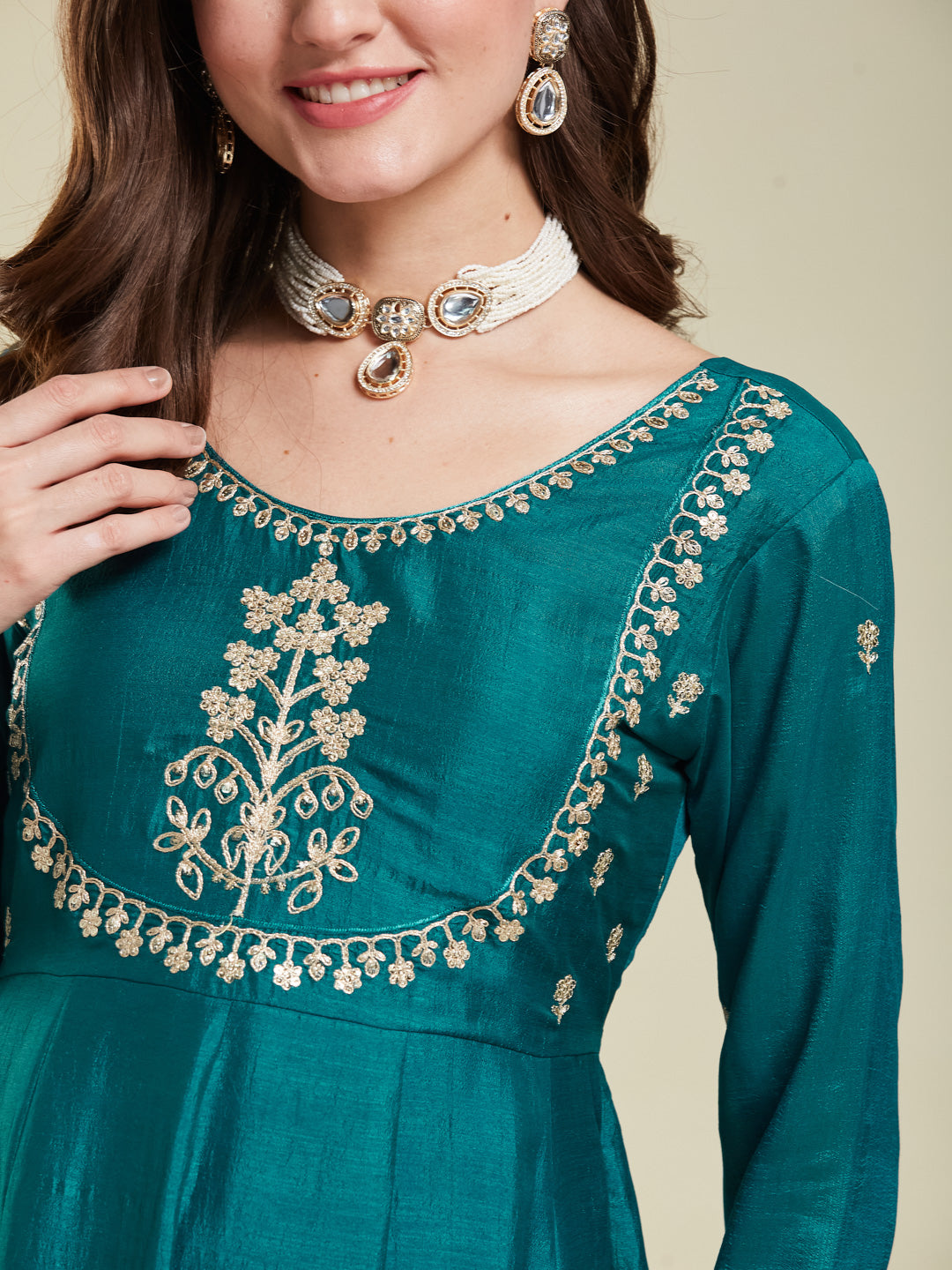 Rama Embroidered Silk Anarkali Kurta With Dupatta Set