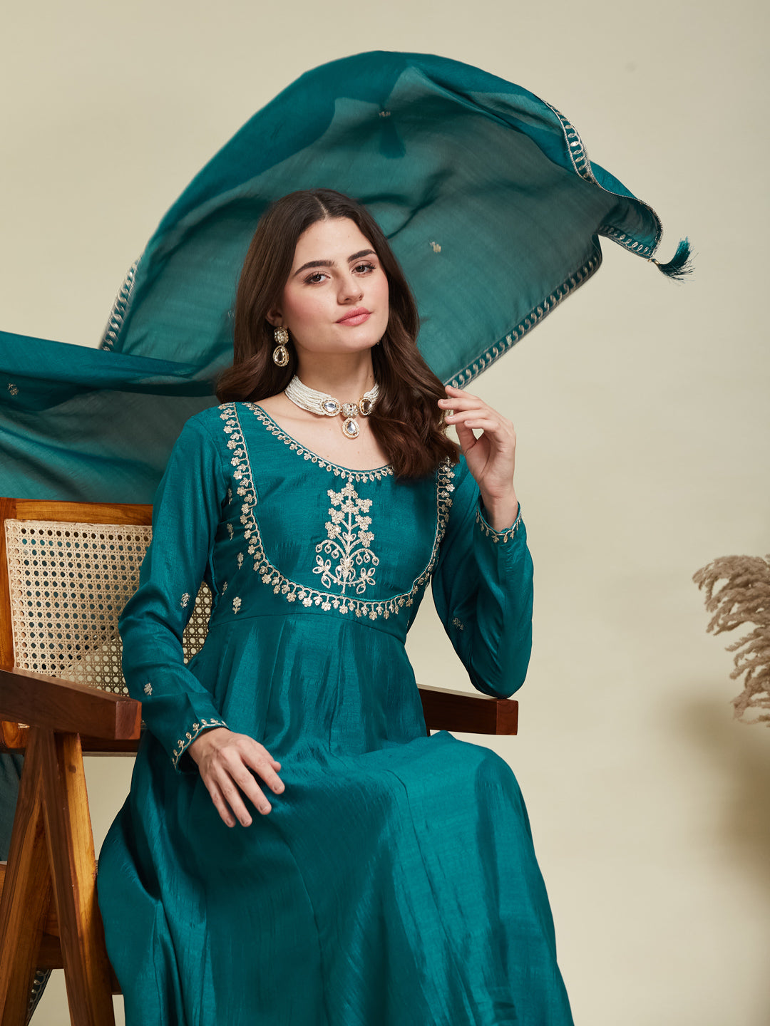 Rama Embroidered Silk Anarkali Kurta With Dupatta Set