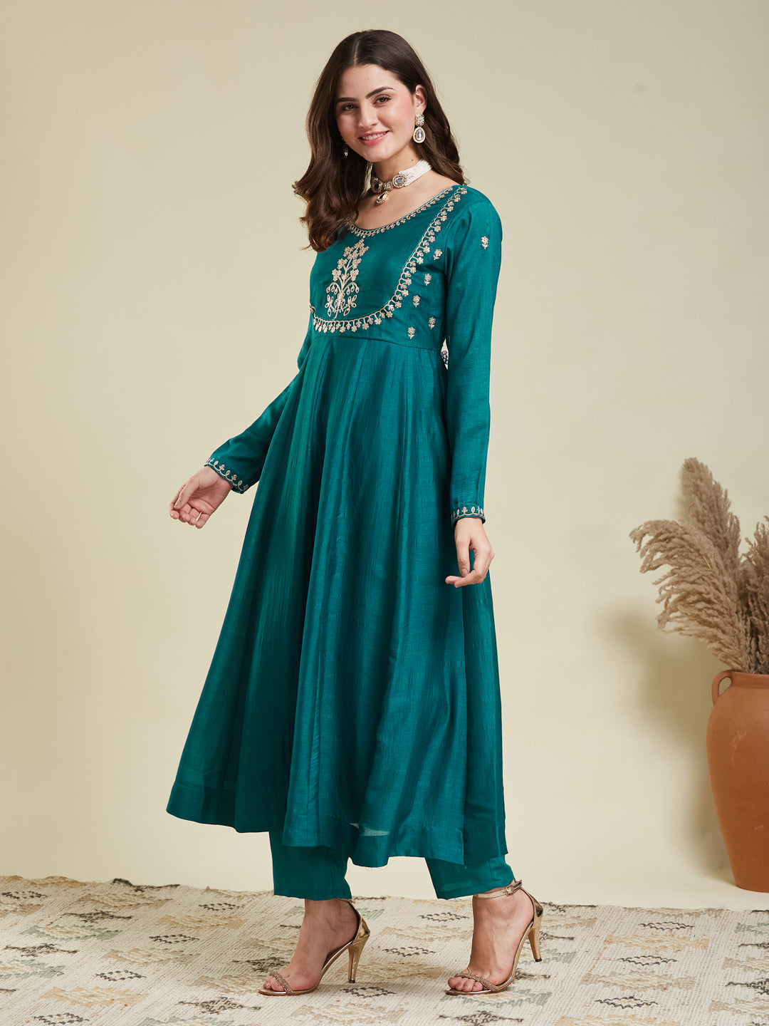 Rama Embroidered Silk Anarkali Kurta With Dupatta Set