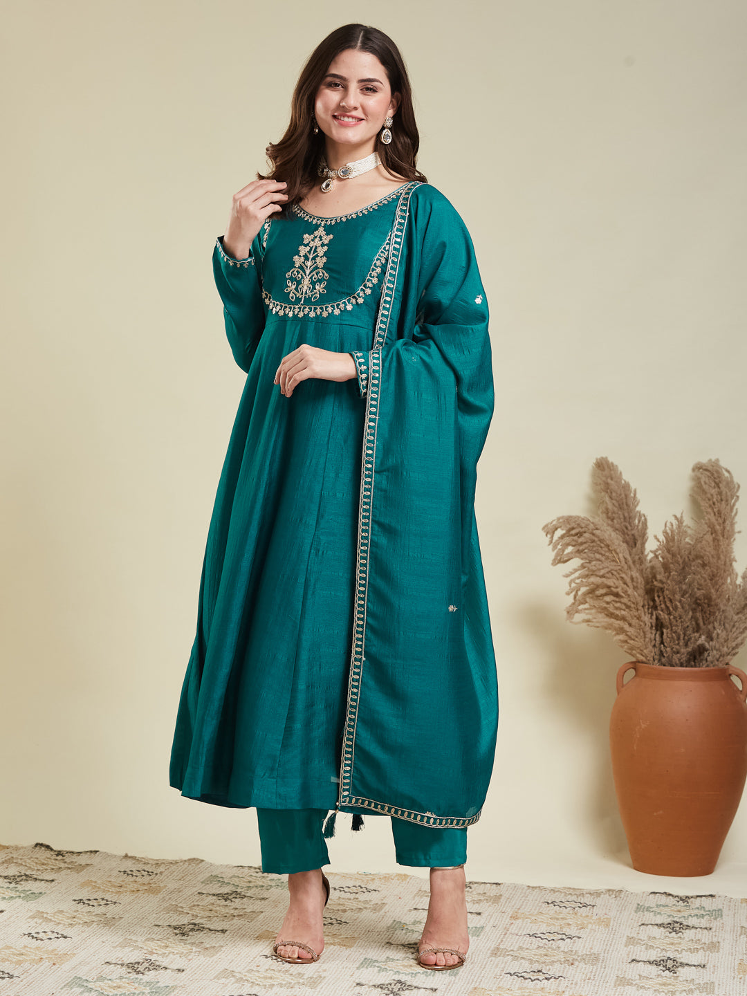 Rama Embroidered Silk Anarkali Kurta With Dupatta Set